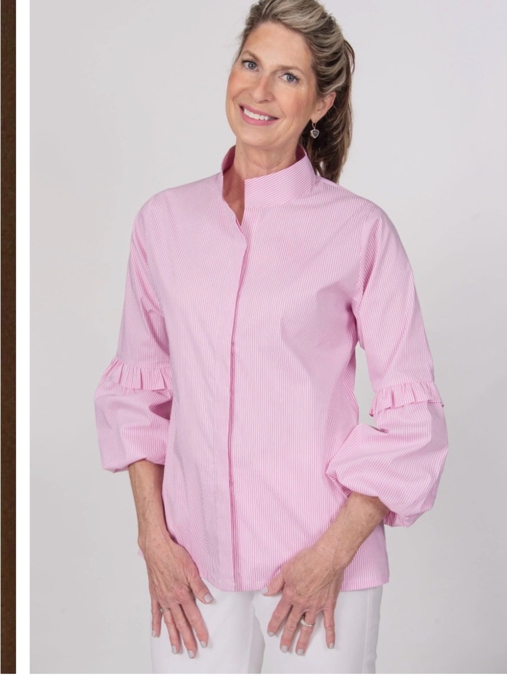 Women's Pink Ruffle-Sleeve Button-Down Shirt
